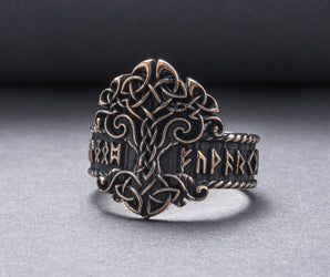 Yggdrasil Symbol Ring with Norse Runes Ornament Bronze Viking Jewelry