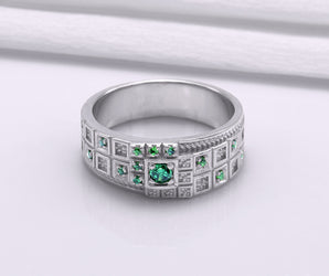 950 Platinum Ring with Green CZ and Ornament, Fashion Jewelry