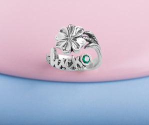925 Silver Fashion ring with Four-leaf clover for Luck with Green gem, Unique handmade jewelry