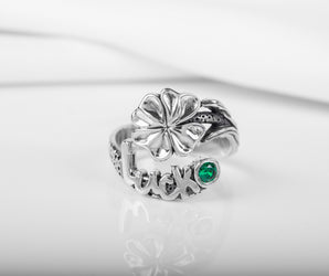 925 Silver Fashion ring with Four-leaf clover for Luck with Green gem, Unique handmade jewelry