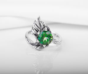 925 Silver Leaves Ring with Big Green Gem, Unique fashion Jewelry