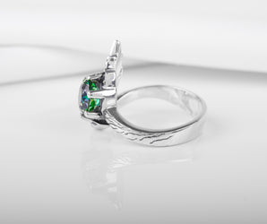 925 Silver Leaves Ring with Big Green Gem, Unique fashion Jewelry