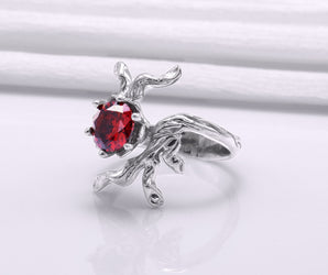 950 Platinum Tree Branch Ring with Red Gem, Handmade Fashion Jewelry