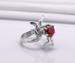 950 Platinum Tree Branch Ring with Red Gem, Handmade Fashion Jewelry