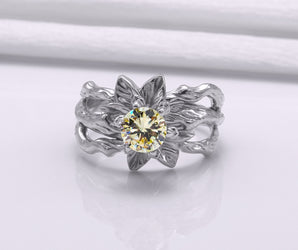 950 Platinum Tree Branch Ring with Champagne Gem, Handmade Fashion Jewelry