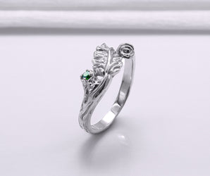 950 Platinum Branch Ring with Leaves and Green Gem, Unique Handmade Jewelry
