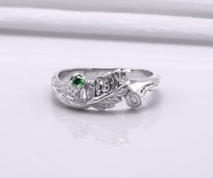 950 Platinum Branch Ring with Leaves and Green Gem, Unique Handmade Jewelry