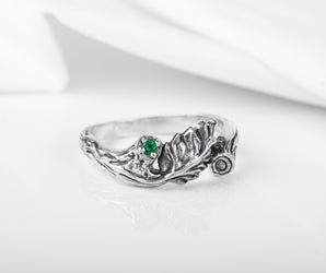 Sterling Silver Branch Ring with Leaves and Green Gem, Unique handmade Jewelry