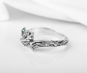 Sterling Silver Branch Ring with Leaves and Green Gem, Unique handmade Jewelry