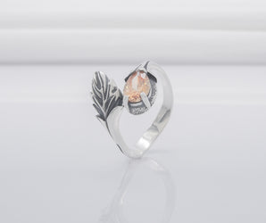 Unique 925 Silver Ring With Leaf And Amber Gem, Handmade Jewelry