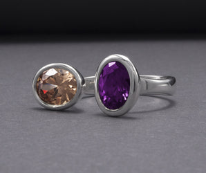 Minimalistic Sterling Silver Ring With Amber And Purple Gems, Handmade Jewelry