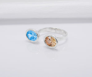 Minimalistic Sterling Silver Ring With Amber And Blue Gems, Handmade Jewelry
