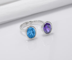 Minimalistic Sterling Silver Ring With Blue And Purple Gems, Handmade Jewelry