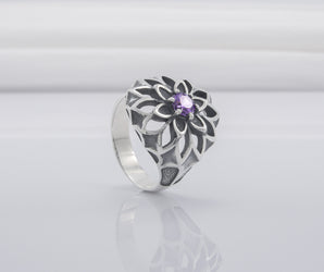 Unique Flower 925 Silver Ring With Purple Gems, Handcrafted Jewelry