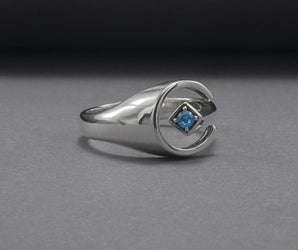 Unique Round 925 Silver Ring With Blue Gem, Handcrafted Jewelry