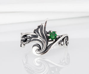 925 Silver Modern Art Ring with Green Gem, Handmade Fashion Jewelry