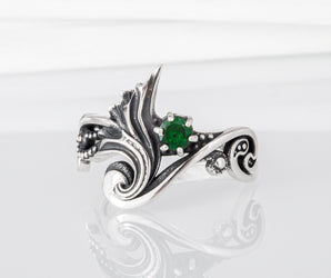 925 Silver Modern Art Ring with Green Gem, Handmade Fashion Jewelry