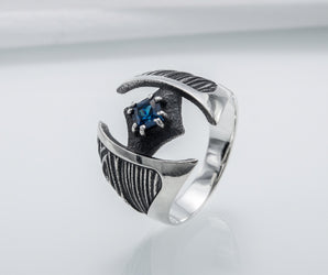 Sterling Silver Wood Texture Ring with Blue Gem, Handmade Classic Jewelry