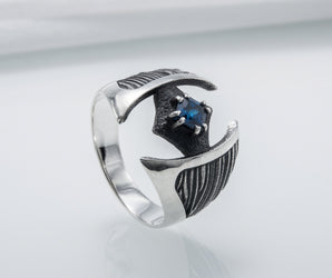 Sterling Silver Wood Texture Ring with Blue Gem, Handmade Classic Jewelry