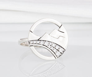 Minimalistic Round 925 Silver Ring with Mountains and Gems, Unique Fashion Jewelry