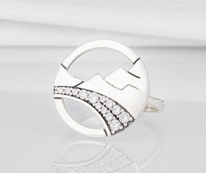 Minimalistic Round 925 Silver Ring with Mountains and Gems, Unique Fashion Jewelry