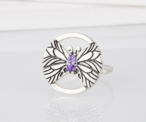 Minimalistic Round 925 Silver Ring with Butterfly and Purple Gem, Unique Fashion Jewelry