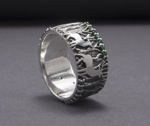 Forest And Wood Texture 925 Silver Ring With Gems Sterling Silver Jewelry