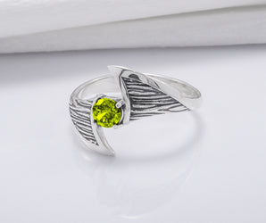 925 Silver Ring With Wood Texture and Yellow Gem, Handmade Jewelry
