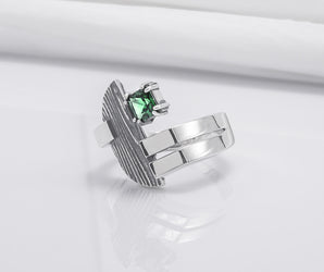 925 Silver Ring With Wood Texture and Green Gem, Handmade Jewelry