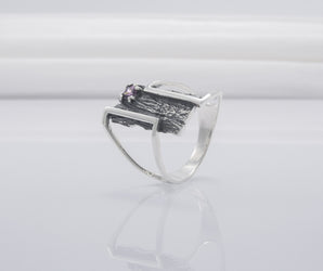 925 Silver Ring With Wood Texture and Purple Gem, Handmade Jewelry