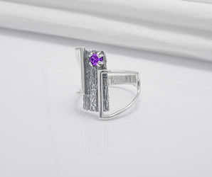 925 Silver Ring With Wood Texture and Purple Gem, Handmade Jewelry
