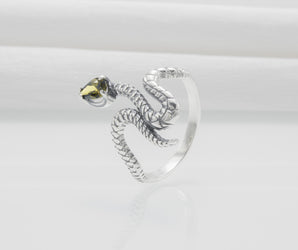 Snake Minimalistic 925 Silver Ring With Yellow Gem, Handcrafted Jewelry