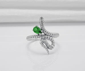 Snake Minimalistic 925 Silver Ring With Green Gem, Handcrafted Jewelry