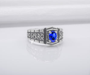 Dum Spiro Spero Ancient Sterling Ring With Blue Gem, Handmade Jewelry