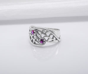 Unique Leaves Texture 925 Silver Ring With Purple Gems, Handmade Jewelry