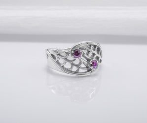 Unique Leaves Texture 925 Silver Ring With Purple Gems, Handmade Jewelry
