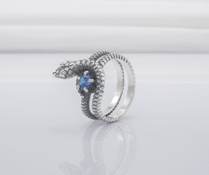 Snake Minimalistic 925 Silver Ring With Blue Gem, Handcrafted Jewelry
