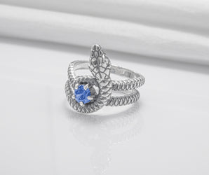 Snake Minimalistic 925 Silver Ring With Blue Gem, Handcrafted Jewelry
