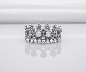 Modern Sterling Ring With Floral Crown And Gems, Handmade Jewelry