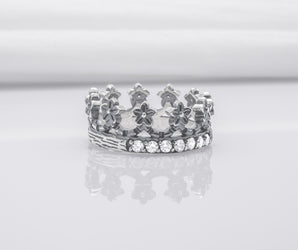 Modern Sterling Ring With Floral Crown And Gems, Handmade Jewelry