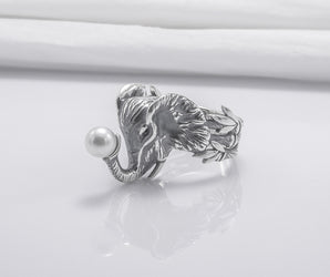 Unique 925 Silver Elephant Ring With Pearl, Handmade Jewelry