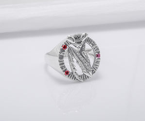 Mantis Sterling Silver Round Ring with Red Gems, Handmade Jewelry