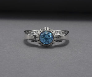 Minimalistic 925 Silver Ring With Ornament And Blue Gem, Handmade Jewelry