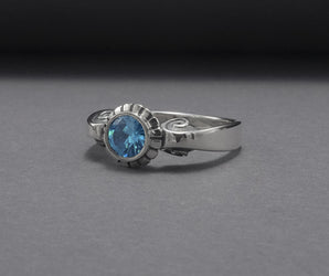 Minimalistic 925 Silver Ring With Ornament And Blue Gem, Handmade Jewelry