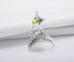 925 Silver Ring with Owl and Yellow Gem, Handcrafted Animal Jewelry