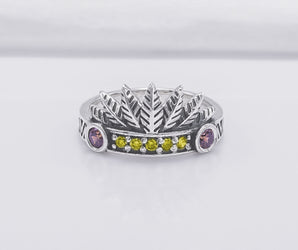 925 Silver Leaves Crown Ring with Ornament and Gems, Handcrafted Jewelry