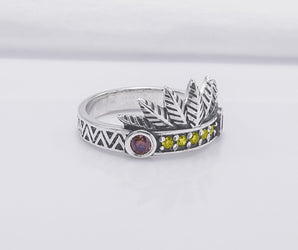 925 Silver Leaves Crown Ring with Ornament and Gems, Handcrafted Jewelry