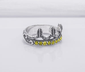 925 Silver Leaves Crown Ring with Wood Texture and Gems, Handcrafted Jewelry