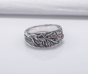 Tree And Wood Texture 925 Silver Ring With Red Gems Sterling Silver Jewelry