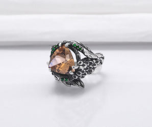Sterling Silver Ring with Big Topaz and Wood Texture, Handcrafted Jewelry